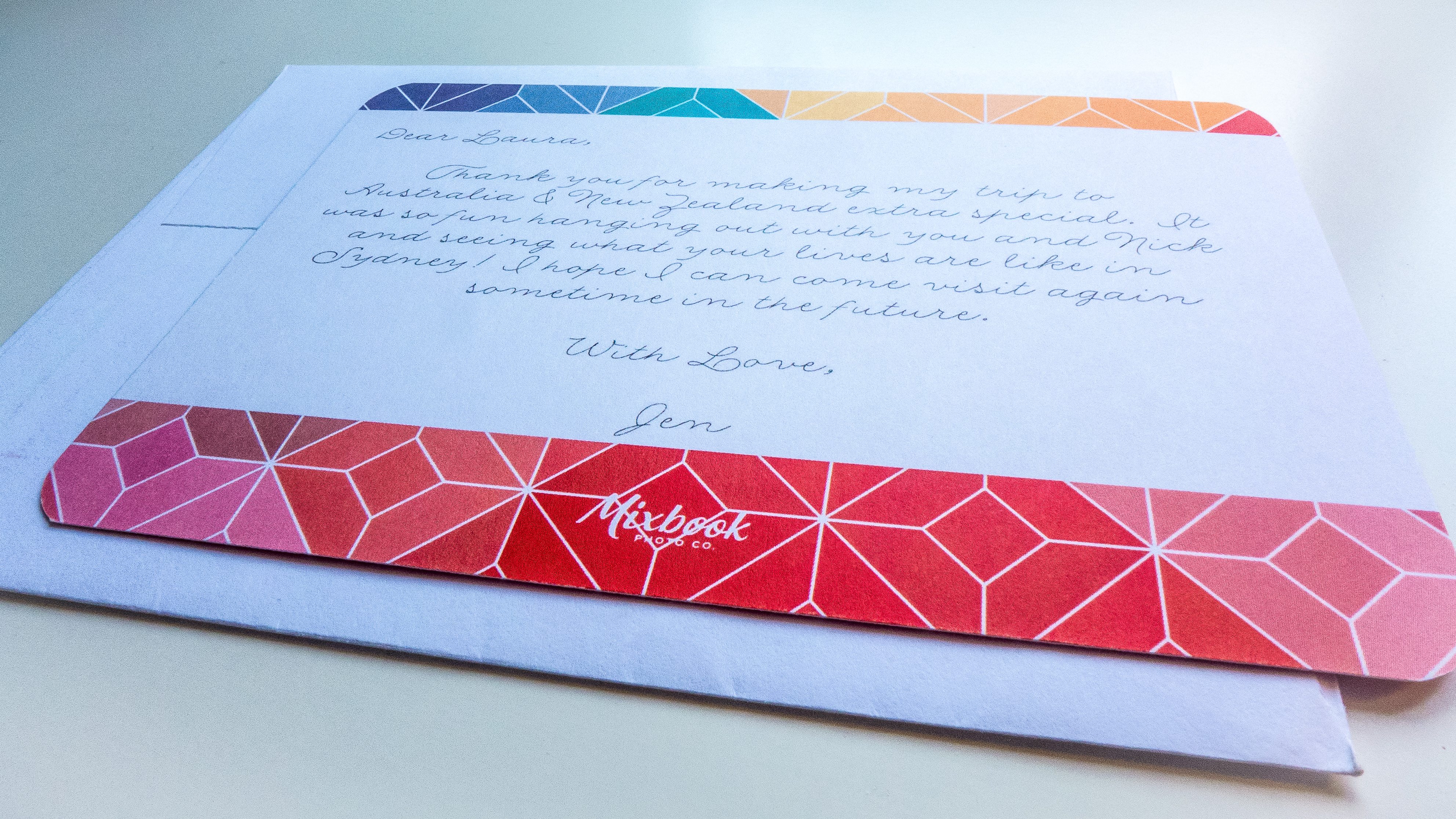Mixbook thank you greeting card printed message to a friend. Thanks, Laura!