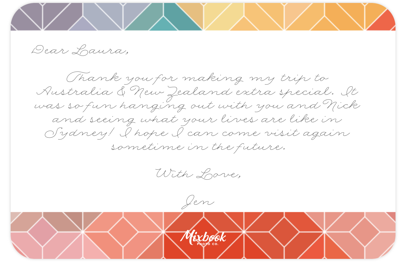 Back of a Mixbook thank you photo card with a handwritten message