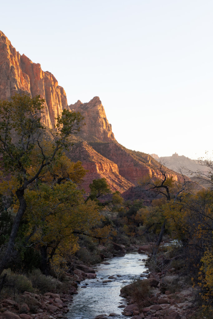 sunset falls on canyon rocks at Zion National Park