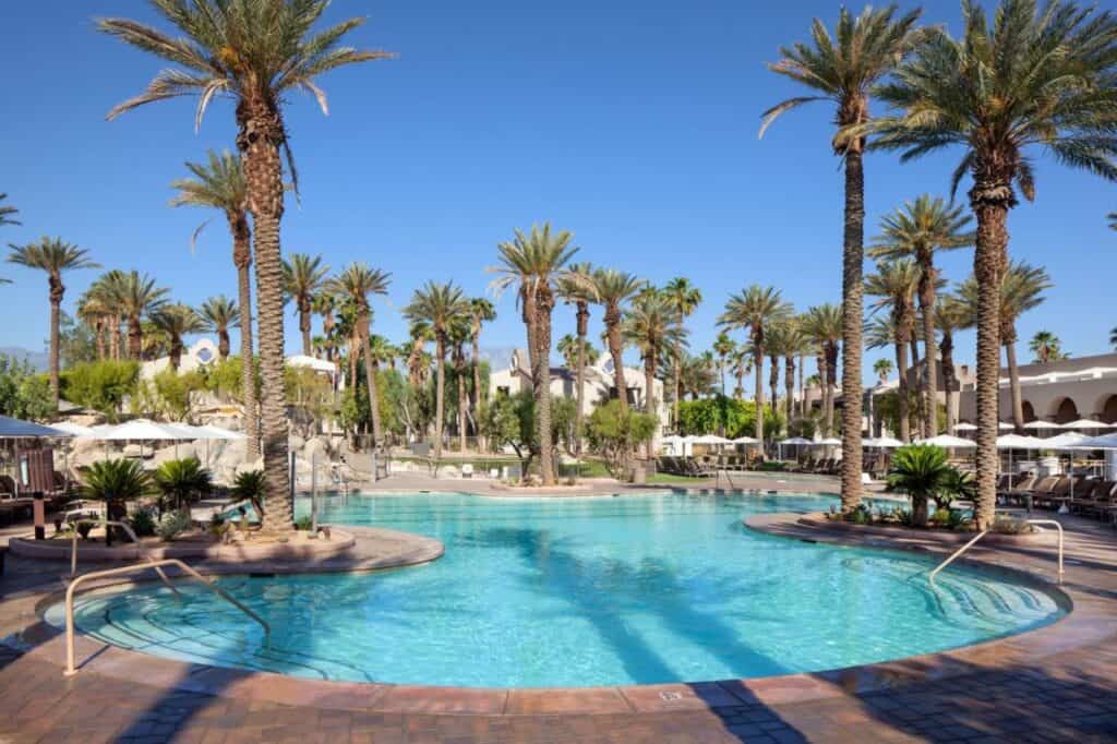 A stunning Palm Springs pool oasis, complete with swaying palm trees and stylish lounge chairs - the perfect backdrop for boosting engagement and creating Instagram-worthy captions.