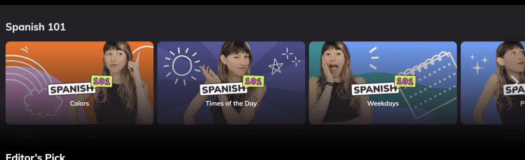 Language learning app interface displaying Lingopie Spanish lessons on colors, times of the day, and weekdays, with a woman exhibiting various expressions and gestures for each topic.