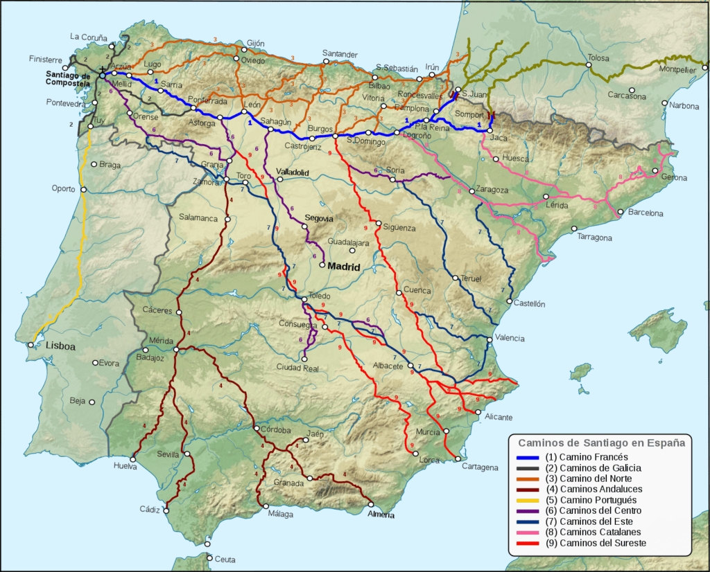 A map showing different Camino de Santiago routes across Spain and Portugal, including French, Portuguese, Northern, and other paths, with numbers and colors differentiating each route. For helpful advice along the way, explore Camino de Santiago tips.