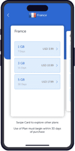A mobile screen displaying data plans for France: 1GB for 7 days at USD 3.99, 3GB for 15 days at USD 10.99, and 5GB for 30 days at USD 17.99—perfect for comparing Airalo vs. GigSky options. The user is instructed to swipe for more plans.
