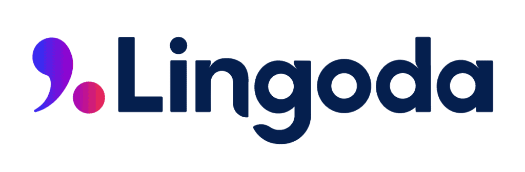 The image features the Lingoda logo, displaying a stylized comma in a gradient of blue to pink followed by the word "Lingoda" in bold, blue lettering—perfect for an honest Lingoda review.