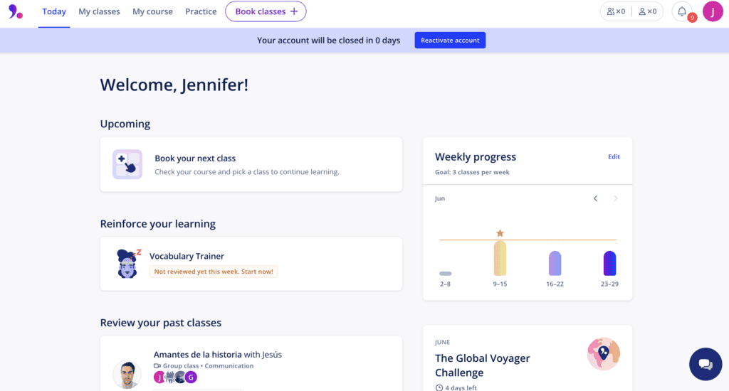 A screenshot of an online learning platform dashboard shows a welcome message, upcoming classes, learning resources, weekly progress, and past classes with options to book new classes and reactivate the account. Perfect for those considering Lingoda Review or completing 50 Classes to boost their skills.
