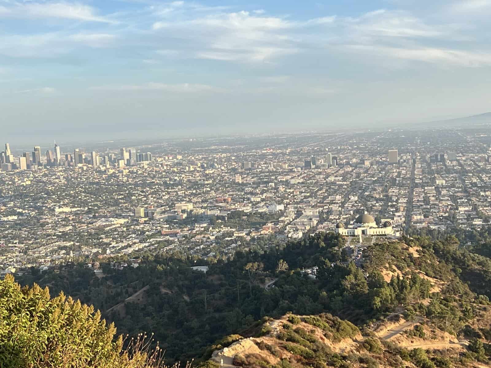 Aerial view of Los Angeles cityscape with downtown skyscrapers on the left and the lush greenery surrounding Griffith Observatory in the foreground, a popular starting point for the scenic Griffith Observatory hike.