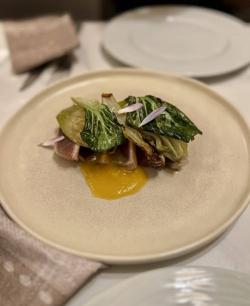 A plated dish featuring seared meat topped with grilled greens and sliced onions, served with a yellow sauce on a beige plate—a culinary delight inspired by the best restaurants Alghero has to offer.