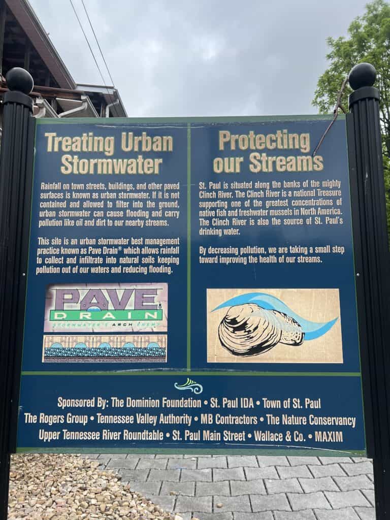 Informational signs describe urban stormwater treatment and stream protection, emphasizing pollution prevention and listing sponsors, with a backdrop of cloudy sky and streetlights—similar attention to detail found in thorough western front hotel reviews.