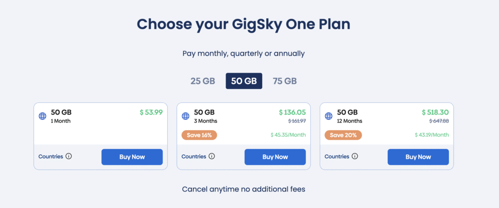 GigSky One Plan pricing page featuring eSIM for Europe: 50 GB options—1 month at $53.99, 3 months at $136.59, and 12 months at $518.30—with more savings on longer terms clearly highlighted.
