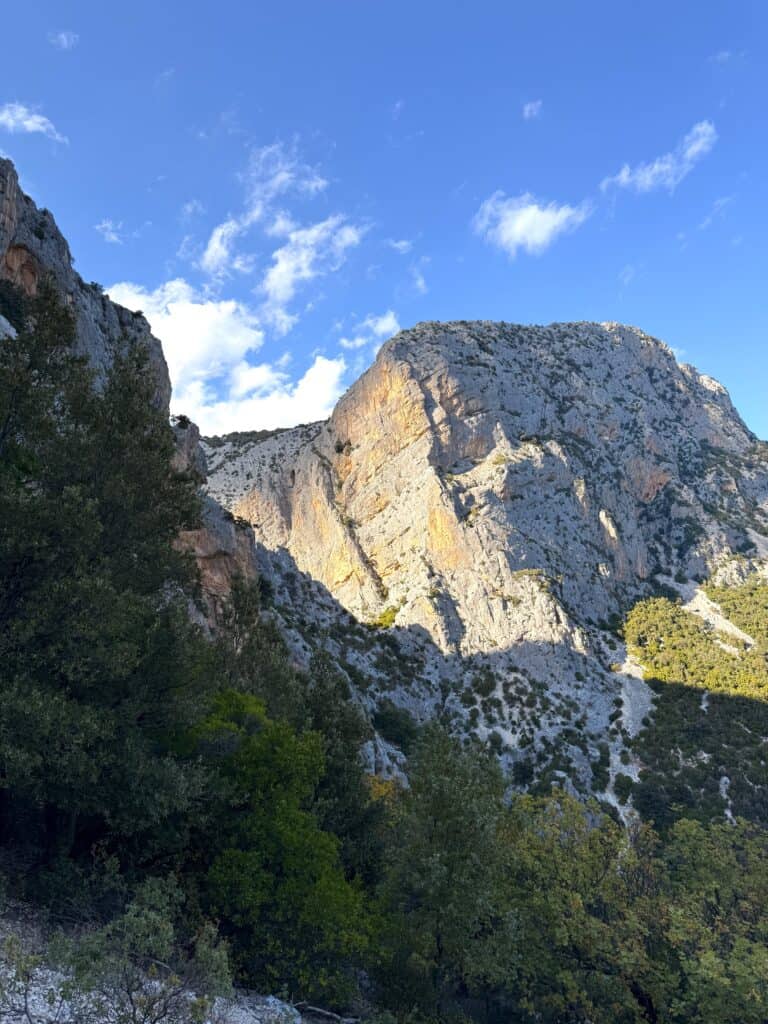 Rocky mountain cliffs illuminated by sunlight with scattered clouds in a blue sky, and dense green trees in the foreground, evoke the breathtaking vistas found along the Gorropu Gorge hike.