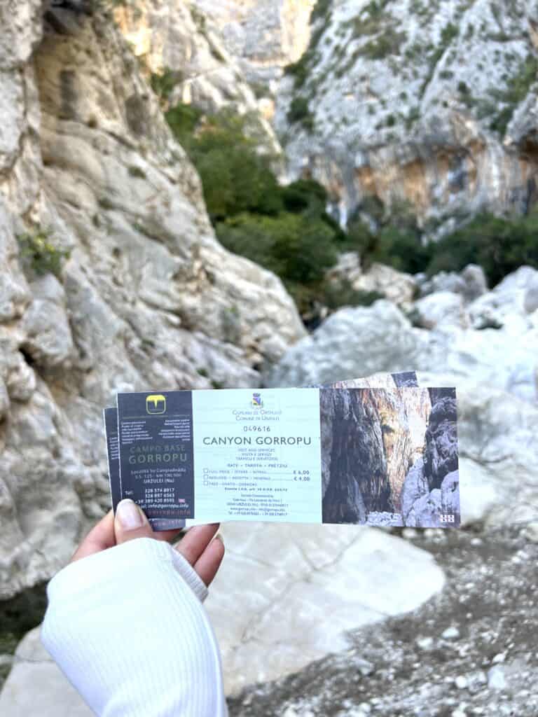 A hand holds an entrance ticket for the Gorropu Canyon, with the dramatic rocky cliffs and lush greenery of Su Gorropu Canyon visible in the background.