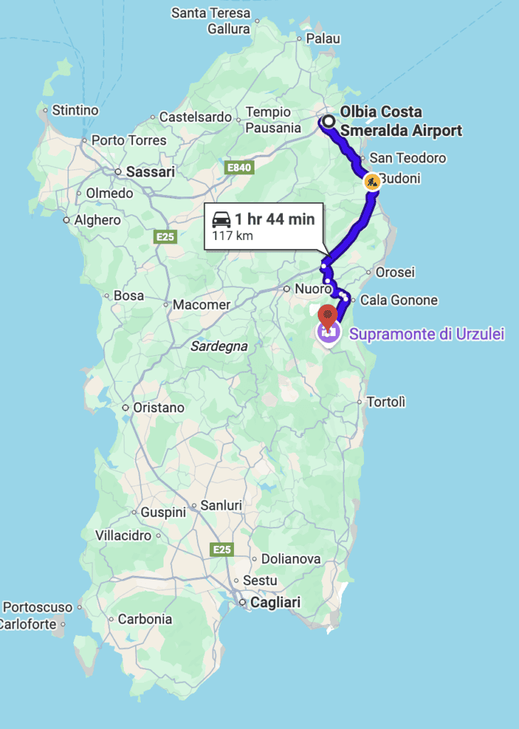 Map showing a driving route from Olbia Costa Smeralda Airport to Supramonte di Urzulei in Sardinia, Italy—117 km in 1 hr 44 min—perfect for exploring the famous Gorropu Canyon or beginning the Gorropu Gorge hike.