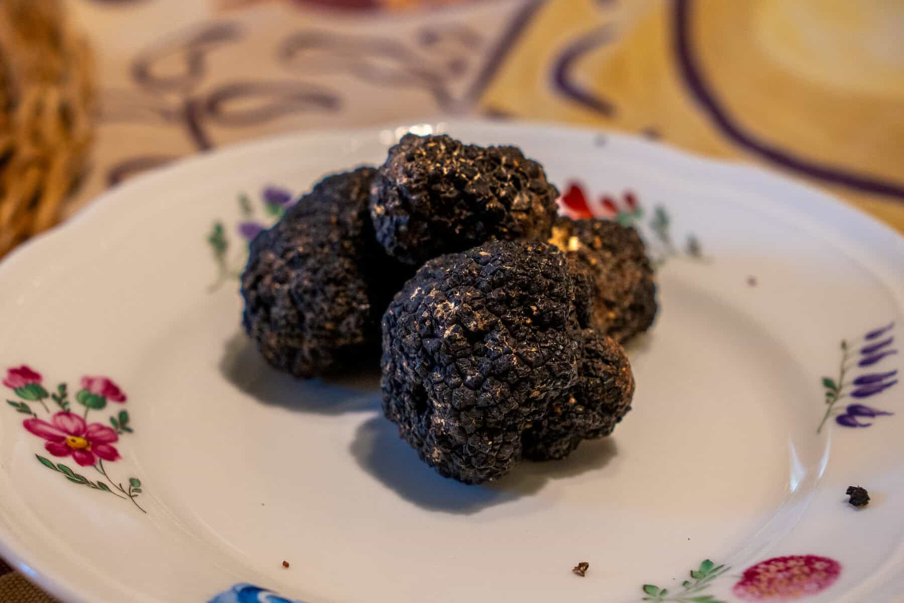 Several black truffles are placed on a decorative white plate with flower patterns.