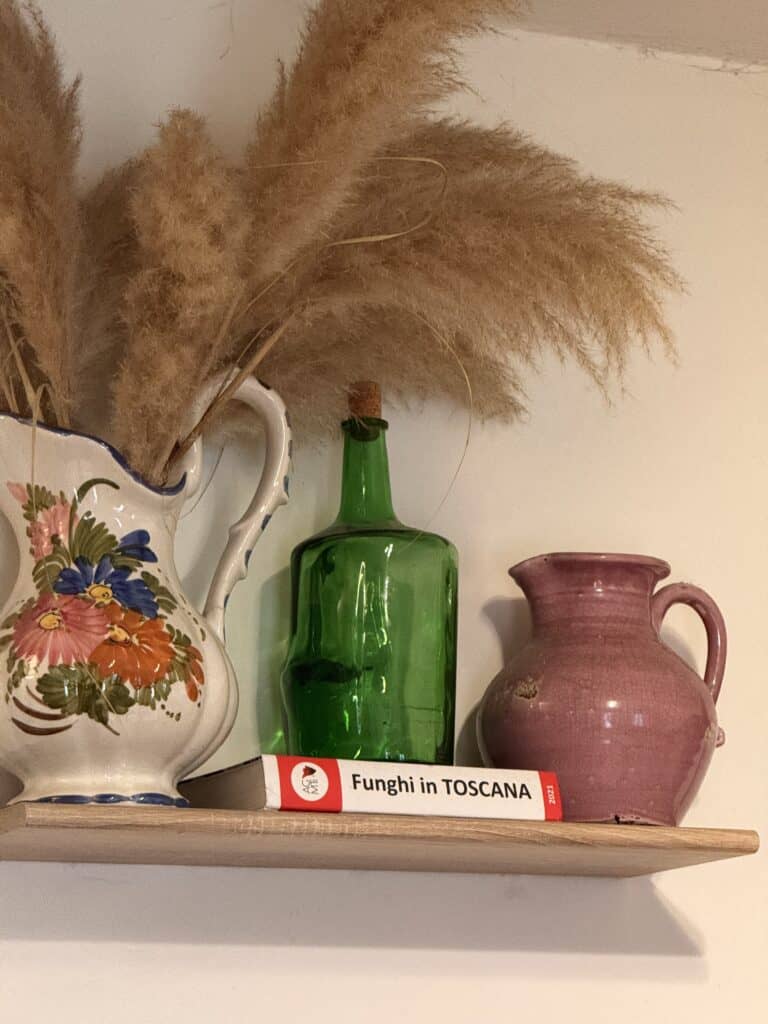A shelf with a floral ceramic jug holding dried grasses, a green glass bottle, a purple jug, and a book titled "Funghi in TOSCANA" evokes the rustic charm of truffle hunting in Tuscany.