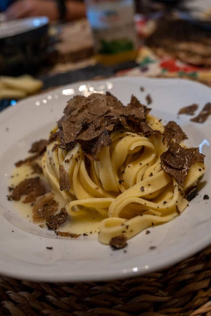 A plate of fettuccine pasta topped with black truffle shavings and creamy sauce, inspired by truffle hunting in Tuscany, served on a classic white dish.