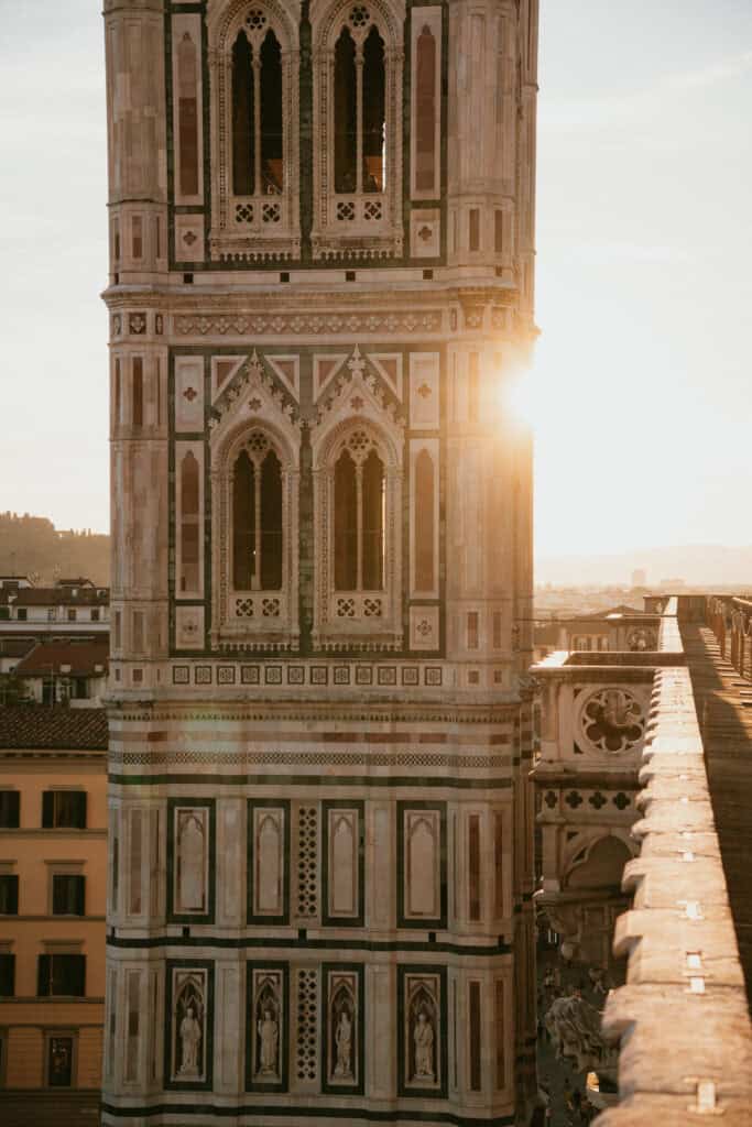Giotto’s Campanile in Florence bathed in the warm glow of sunset, a highlight for any 3 days in Florence.