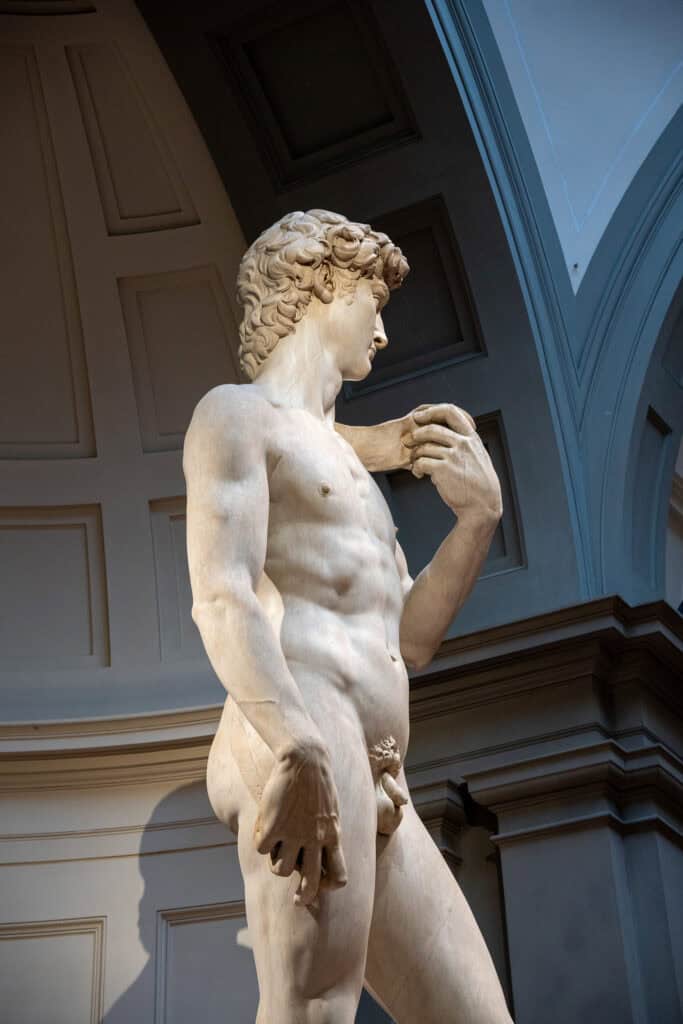 A side view of Michelangelo’s marble statue of David, a highlight for any 3 days in Florence.